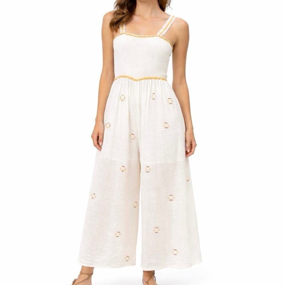 Barok Paris S White Cotton Wide Leg Jumpsuit Boho Embroidered Open Back Resort